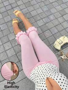 GalTyme Plus Size Women's Solid Color Ruffle Hem 3/4 Length Leggings Vacation Pink Summer - Pink - View 1