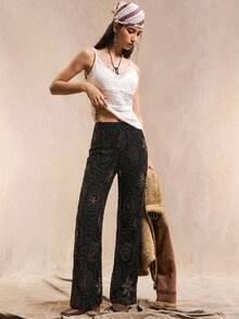 SHEIN EZwear 黑色大尺碼女款派對亮片刺繡直筒長褲 - 黑色 - 查看 2
