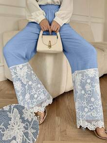Modelyn Pantalones largos de pierna ancha con cintura elástica y patchwork de encaje para mujer, elegantes y de moda para uso casual de verano - Azul y blanco - Ver 6