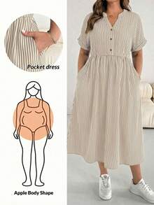 SHEIN Essnce Vestido casual de fiesta con cuello en V, fruncido y a rayas para mujer de talla grande - Albaricoque - Ver 1