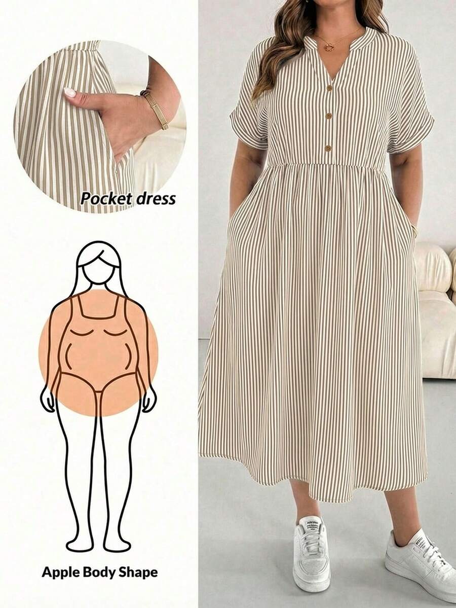 SHEIN Essnce Vestido casual de fiesta con cuello en V, fruncido y a rayas para mujer de talla grande - Albaricoque - Ver 1