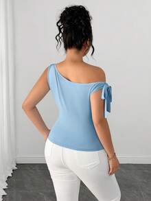 SHEIN LUNE Plus Size Women Solid Color Twist Front Slim Fit T-Shirt - Blue - View 2