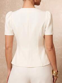 Lumalex Women's Elegant High Neck Gigot Sleeve Slim Fit Ivory Short Sleeve Blazer, Waist-Cinching Elegant Women's Blouse, Outing Top, Women's Outing Top, Women's Office Blouse, Women's Office Blouse, Formal Business Blouse, Luxurious New Year New Look, Low-Key Luxury, Ball Party Gathering Banquet, Low-Key Luxury, Sparkling Holiday Party Celebration - Apricot - View 8