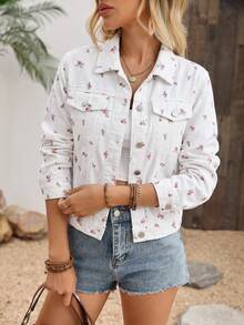 Sweetra Women's Floral Print Fashion Resort Single-Breasted Long Sleeve Jacket - White - View 2