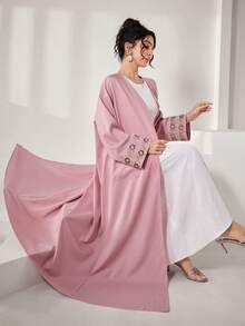 Al Najma Spring & Summer Pink Floral Embroidered Cuff Open Front Long Abaya, Outer Robe Suitable For Daily Home Wear, Prayer And Outdoor Outing - Pink - View 5