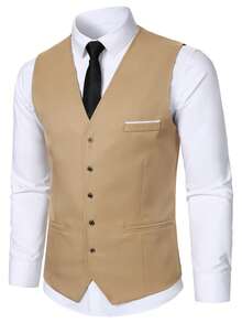 Calvornis Men's Suit Vest, Shirt, And Trousers Outfit, Minimalist Fashion Suitable For Summer, Men Formal Wedding Clothes Dressy Set, Old Money Style, Ceremony - Khaki - View 4