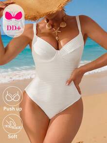 Swim DD+ Maillot de bain une pièce de couleur unie pour femmes, convient pour les vacances à la plage, les fêtes de piscine, les fêtes de plage - Blanc - Voir 7