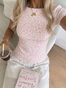CovetEZ Casual Minimalist Sexy Off-Shoulder Pink Leopard Print Short Sleeve T-Shirt, Suitable For Spring And Summer, Spring And Summer Clothing Matching, Pink Leopard Print Makes You Look Fairer - Multicolor - View 5