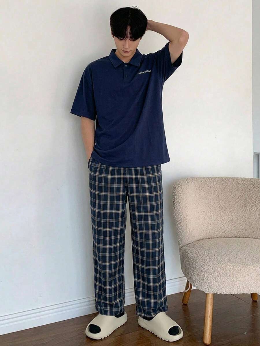 DAZY 男士夏季短袖海軍藍 Polo 衫與海軍藍格紋長褲居家休閒套裝睡衣 - 彩色 - 查看 1