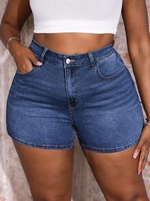 Slaydiva Plus Size Women's High Waist Pocket Button Zipper Denim Shorts Date Night Brunch Navy Blue Summer Baggy Business Casual - Light Wash - View 5
