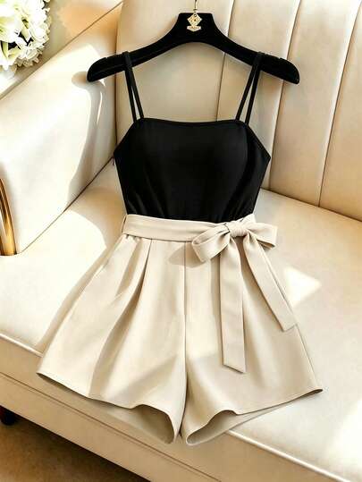 GlowEve Women's Black & Beige Color Block Cami Jumpsuit, Bow Tie Waist High Waist Slim Fit Romper