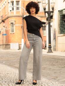 Xuxu's by Gio T-shirt blanc asymétrique ajusté pour femmes,Top d'été T-shirt col bateau Top femme Top unilatéral pour femmes Blouses pour femmes Nouveau T-shirt Off The Black - Noir - Voir 5