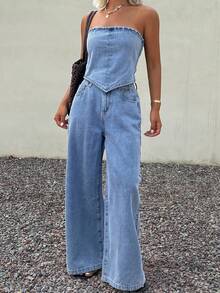Livesso Women Casual Denim Tube Top And Pants Set - Blue - View 5