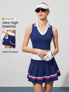 CourtClass CourtClass 女款高爾夫套裝，無袖V領翻領高腰百褶迷你裙，對比色休閒顯瘦戶外運動套裝 - 藏蓝色 - 查看 1