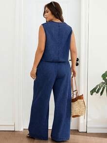 Lounesse Setelan Dua Potong Denim Kasual Wanita Ukuran Plus dengan Rompi dan Celana Bertali Depan - Dark Wash - View 3