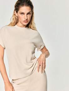 SHEIN Solid Batwing Sleeve Tee & Pants Lounge Set Outfit - Apricot - View 7