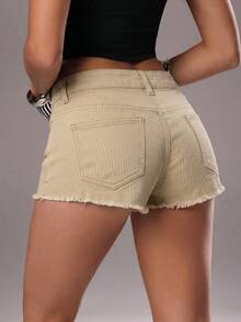 TRNVIE Modische lässige Hot Girl Style Denim Shorts mit ausgefranstem Saum und niedriger Taille - Khaki - Übersicht 7