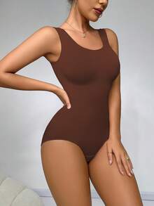 SHAPORA Women's Solid Color Round Neck Buttoned Bodysuit - Coffee Brown - View 3