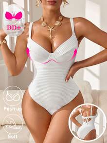 Swim DD+ Maillot de bain une pièce de couleur unie pour femmes, convient pour les vacances à la plage, les fêtes de piscine, les fêtes de plage - Blanc - Voir 6