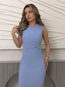 Jemour Elegant Business Casual Vintage Romantic Vacation Sleeveless V-Neck Waisted Pleated Fitted Solid Color Midi Bodycon Dress For Women Summer - Blue - View 3