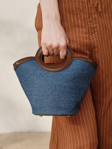 MOTF PREMIUM WOMEN'S FASHION RETRO BLUE SHOULDER BAG, CASUAL SIMPLE CONTRASTING HANDBAG, FAN SHAPE, ROUND HANDLE, SUITABLE FOR DAILY LIFE, DATING, SHOPPING, VACATION, TRAVEL - Blue coffee - View 7