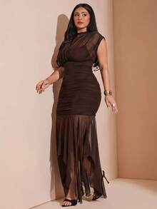 SHEIN BAE Summer Chocolate Brown Mesh Elegant Sexy Long Dress Cocktail Date Night - Brown - View 4
