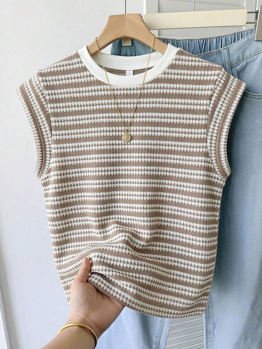 SHEIN Tween Girls Tween Girl Casual Vacation Textured Striped Crew Neck Short Sleeve T-Shirt - Apricot - View 1
