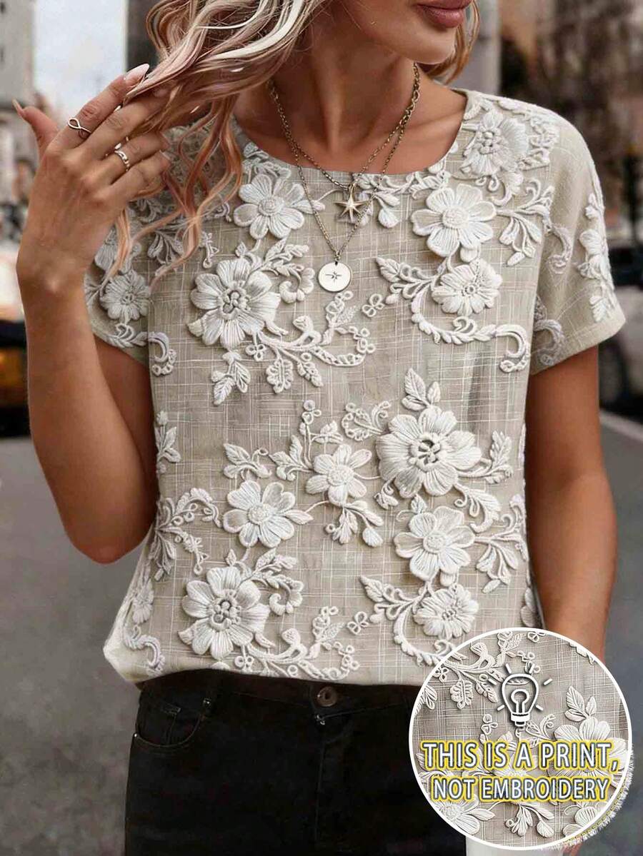 EMERY ROSE Kaos Wanita Lengan Pendek Leher Bulat Motif Bunga, Nyaman untuk Pakaian Kasual Sehari-hari - Aprikot - View 1