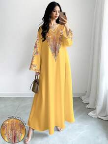 SHEIN Najma 女士波点印花V领长袖优雅连衣裙，春夏款 - 彩色 - 查看 1