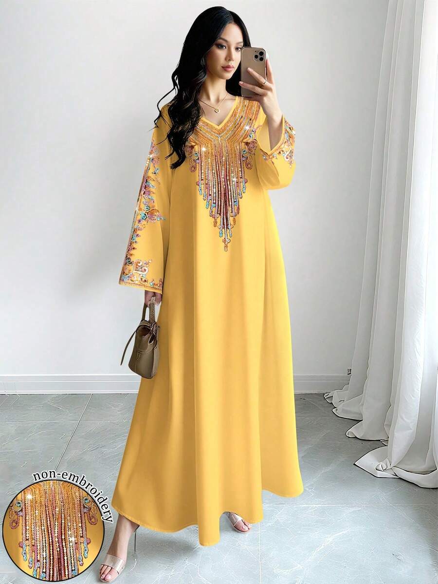 SHEIN Najma 女士波点印花V领长袖优雅连衣裙，春夏款 - 彩色 - 查看 1