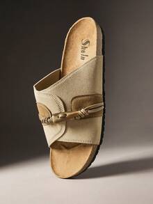 SHUZIA Men's Horn Buckle Design Casual Flat Slide Sandals For Daily Wear - Beige - View 4