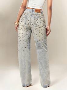 Denimoi Women's Rivet Decor Slant Pocket High Waist Casual Straight Leg Jeans - Medium Wash - View 4
