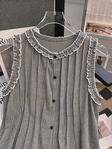 SHEIN Holidaya French Style Black And White Plaid Gingham Sleeveless Blouse, Ruffle Trim Neckline Pleated Front Button Down Casual Cute Tank Top Date Summer - Black - View 7