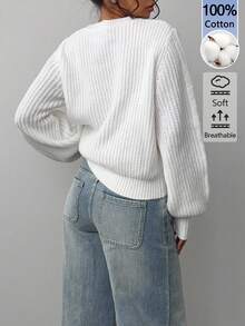 SHEIN BASICS Women's Round Neck Long Sleeve Solid Color Sweater - White - View 3