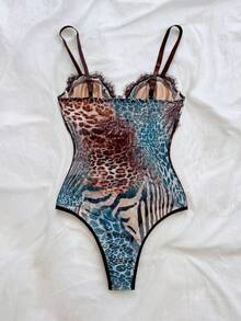 Soleia (No Chest Padding)Plus Size Sexy Leopard Print Lace Trim Underwire Bodysuit - Multicolor - View 2
