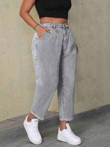SHEIN ICON Plus Size Women's Washed Carrot Leg Jeans, Simple Everyday Design With Pockets - Grey - View 6