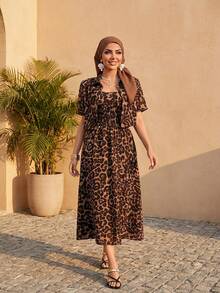 Auveirra 2pcs/Set Women Leopard Print Dress And Leopard Print Blouse Leopard Set Cheetah Print Outfit, For Going Out Vacation - Gold - View 8