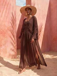 Zivah Women's Solid Color V-Neck Split Design Casual Vacation Travel Cover-Up Dress - Brown - View 4