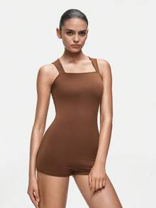 SHAPORA Women's Minimalist Solid Color Fitted Romper - Coffee Brown - View 6