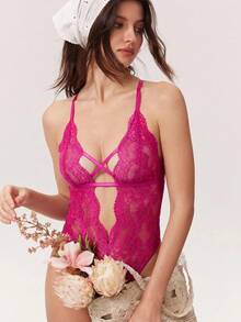 SHEIN 花卉蕾丝交叉低胸露背连体衣内衣 - 紫色 - 查看 7