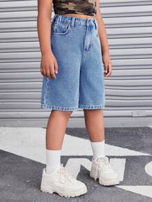 SHEIN Tween Girl Retro Washed Loose Fit Baggy Bermuda Denim Shorts With Slanted Pockets, Streetwear - Medium Wash - View 6