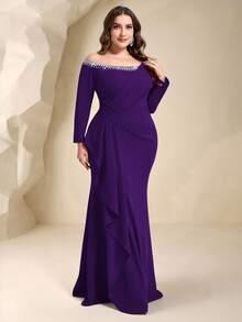 Coutiva Plus Size Elegant Crystal Embellished Off Shoulder Formal Evening Gown - Purple - View 4