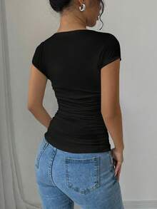 Rafferiza Fashionable Bodycon T-Shirt With Raglan Sleeves, U-Neck, Ruched Waist, Stretchy, White, Spring/Summer, For Women - Black - View 2