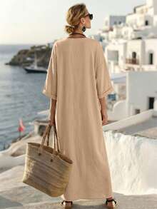 EMERY ROSE Robe de vacances décontractée à col V ample et couleurs contrastées, 100% coton - Kaki - Voir 2