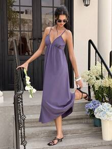 Vestido casual de vacaciones para mujer con estampado de lunares y lazo delantero con espalda descubierta - Morado - Ver 5