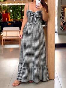 SHEIN LUNE CURVE Plus Size Women's Front Knot Plaid Elegant Cami Dress - Black - View 4