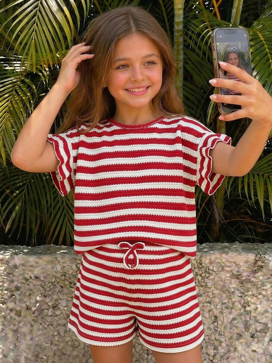 SHEIN Tween Girl 針織圓領休閒T恤與寬鬆長褲 2件套 - 紅白色 - 查看 1