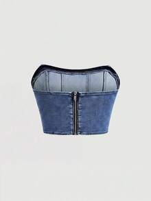 SHEIN MOD Zip Back Tube Denim Summer Corset Top - Medium Wash - View 2