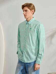 VeloEdit Men Casual Vacation Plaid Small Icon Front Single-Breasted Comfortable Long Sleeve Fashion Shirt & Patched & Embroidery, Old Money & Boyfriend - Mint Green - View 6