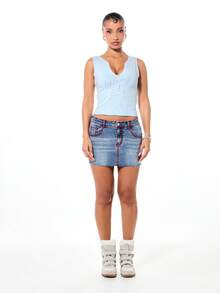 BABYPHAT Notch Neck Tank Top With Rhinestone Text Sparkle Embellishment Sleeveless Casual Summer Women's Fashion Cropped Fitted Top - Baby Blue - View 3